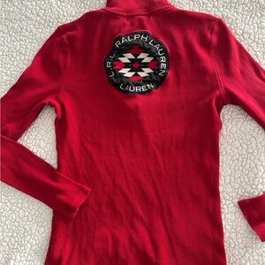 Ralph Lauren Red Waffle-Knit Top with Black & White Geometric Back Patch Sz M